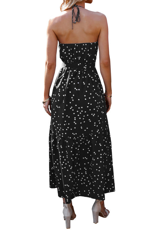 Ladies Summer Fashion V Neck Sling Polka Dot Dress Long Dress - Closther