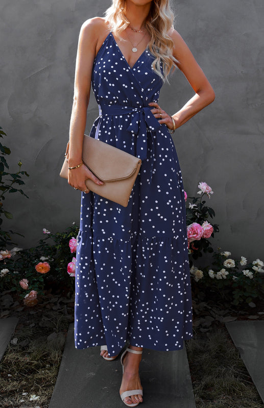 Ladies Summer Fashion V Neck Sling Polka Dot Dress Long Dress - Closther