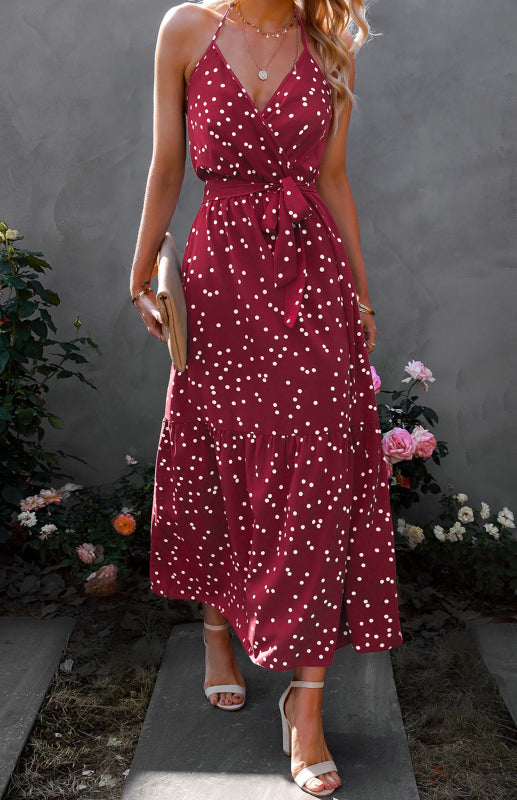 Ladies Summer Fashion V Neck Sling Polka Dot Dress Long Dress - Closther