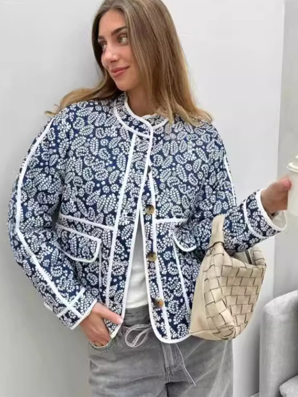 Lapel Button Down Cotton Jacket - Blue / S