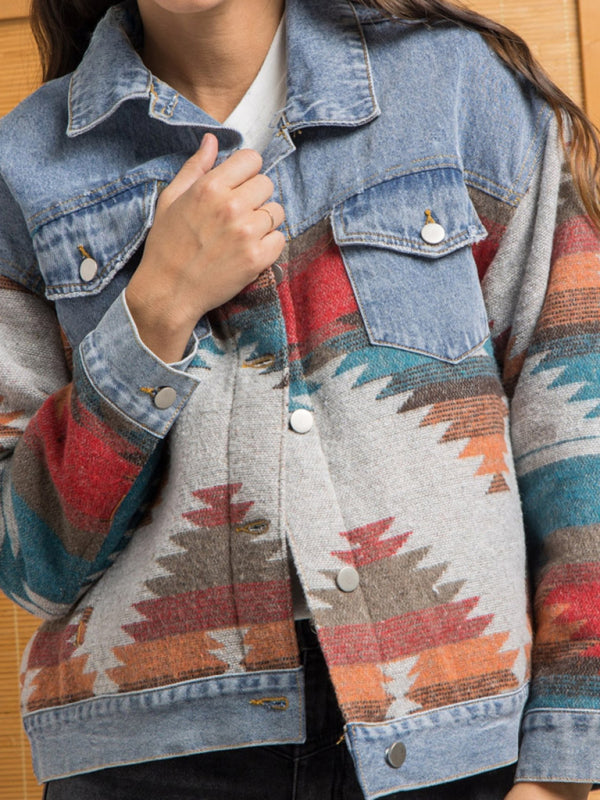 Lapel loose denim stitching woolen coat women’s retro jacket