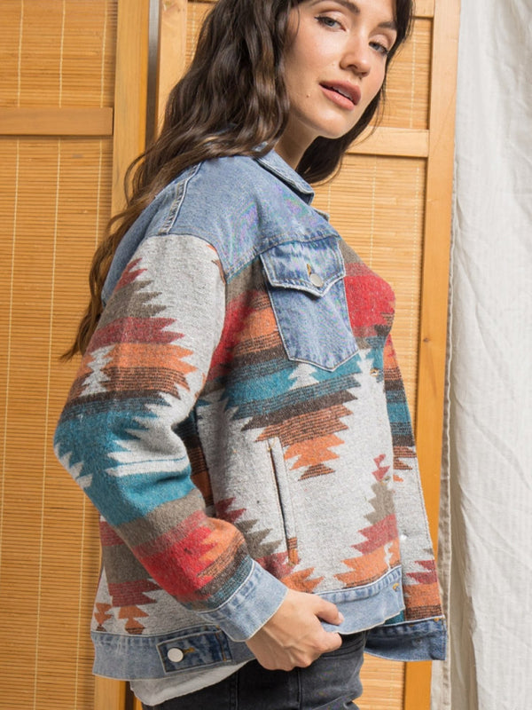 Lapel loose denim stitching woolen coat women’s retro jacket