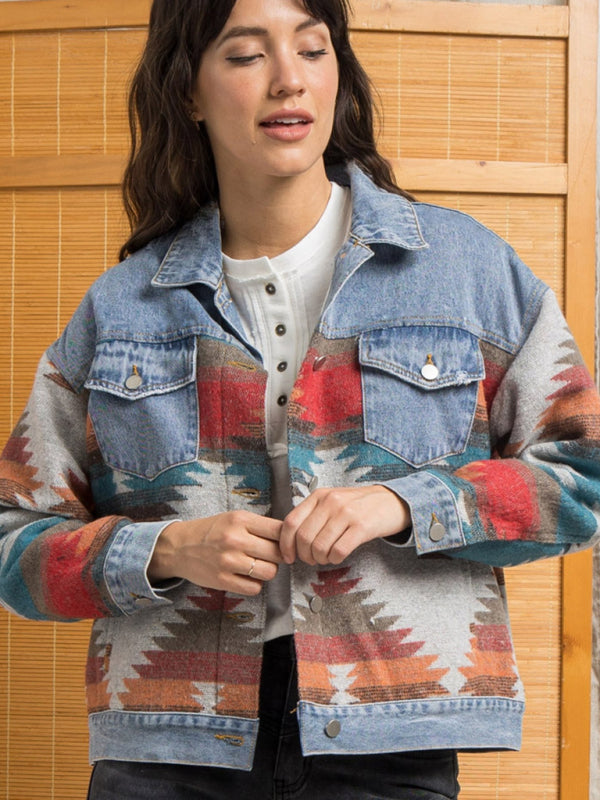 Lapel loose denim stitching woolen coat women’s retro jacket