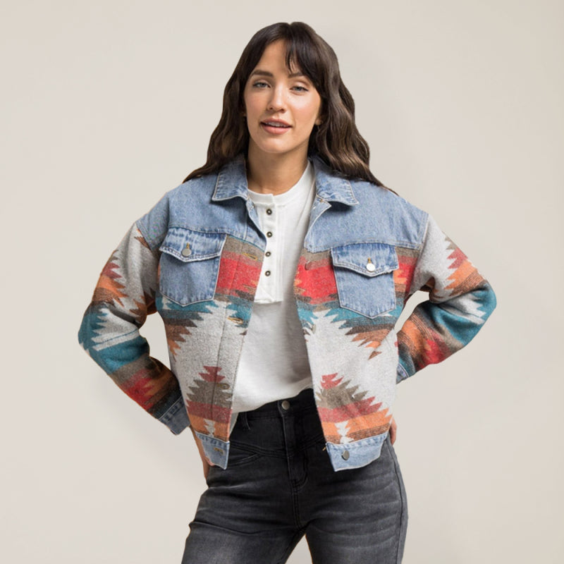 Lapel loose denim stitching woolen coat women’s retro jacket - Printing 1 / S
