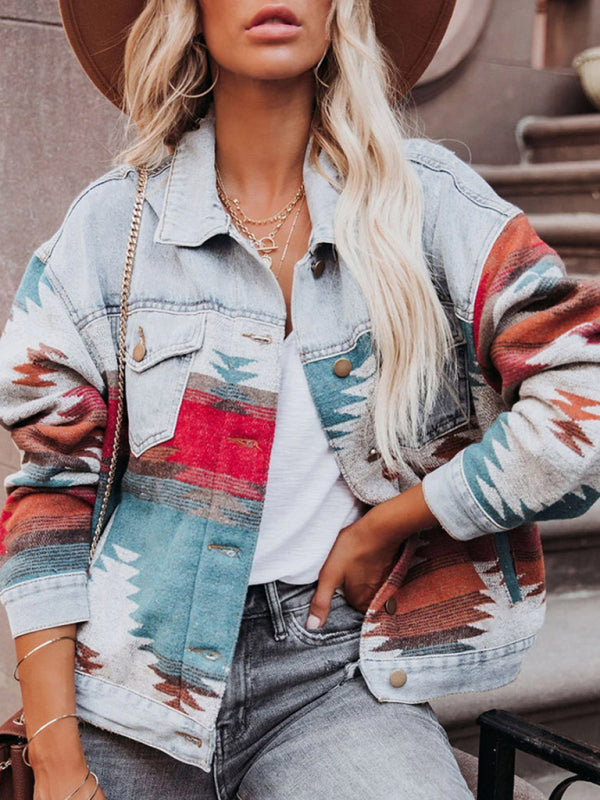 Lapel loose denim stitching woolen coat women’s retro jacket - Printing 2 / S
