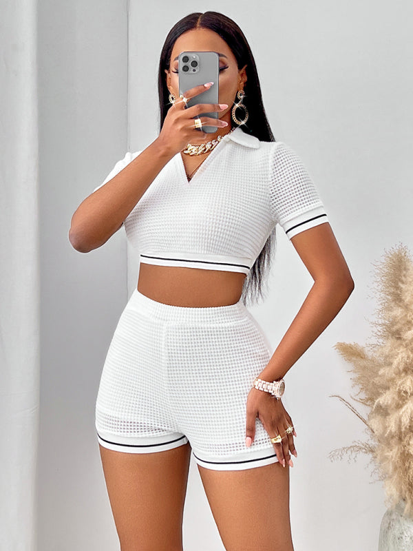 Lapel patchwork ribbed short women’s casual suit