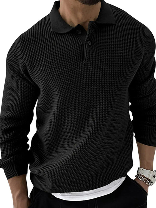 Lapel Sweater Men’s Fashion Urban Slim Long Sleeve Knitted Sweater - Black / M