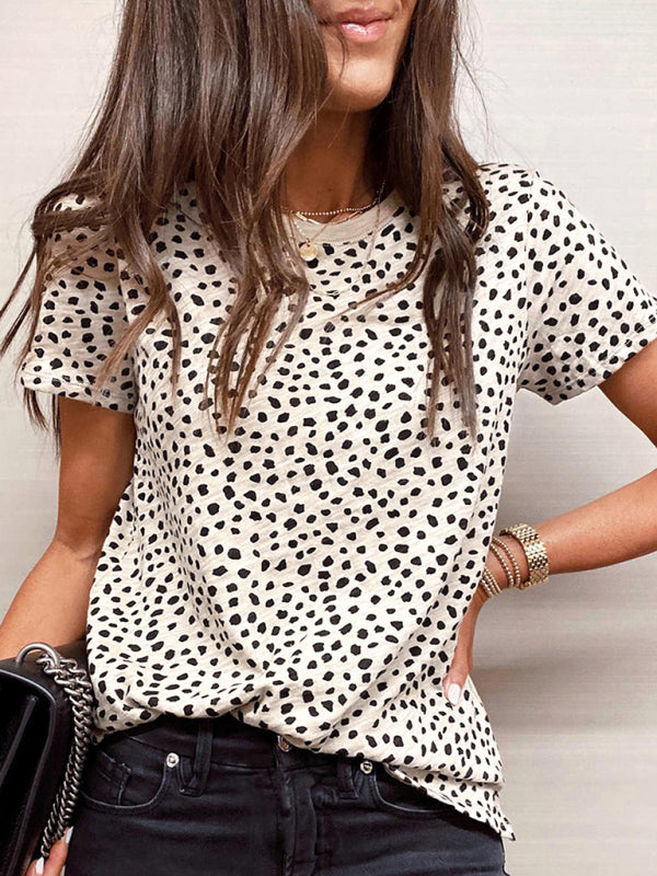 Leopard point short-sleeved round neck pullover loose casual t-shirt for women - Khaki / S