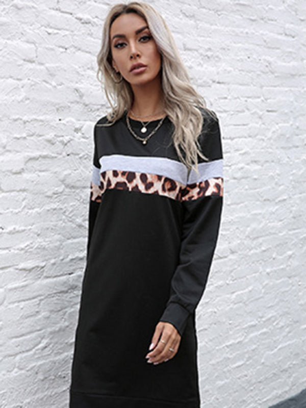 Leopard Print Stripe Casual Dress - Black / S