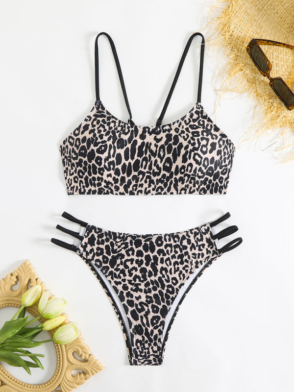 Leopard print two piece sexy swimsuit - Black / S