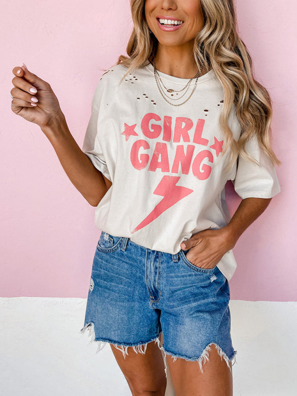 Letter Printed Round Neck Short Sleeve Ripped Loose Casual T-Shirt - White / S