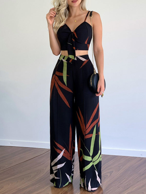 Linen-like casual suit V-neck high-waist printed wide-leg pants two-piece set - Black / S