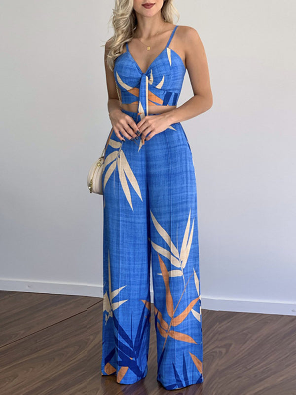 Linen-like casual suit V-neck high-waist printed wide-leg pants two-piece set - Blue / S