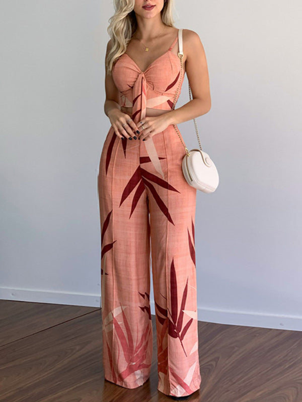 Linen-like casual suit V-neck high-waist printed wide-leg pants two-piece set - Pink / S