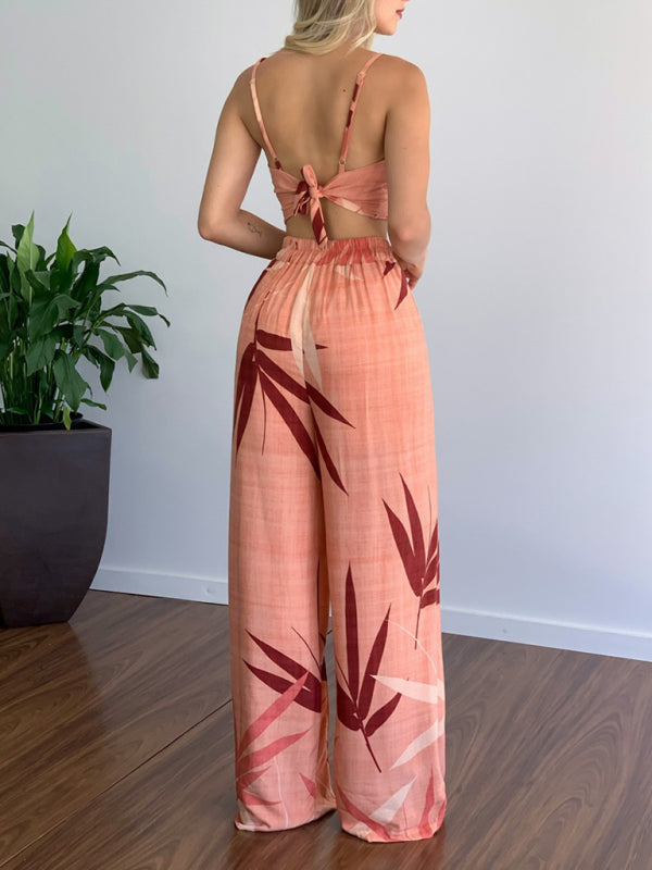 Linen-like casual suit V-neck high-waist printed wide-leg pants two-piece set - Pink / S