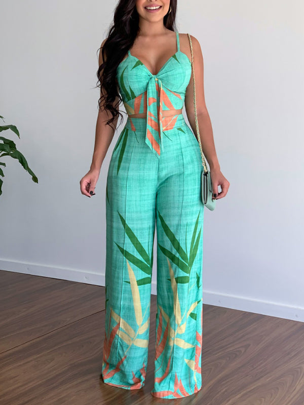 Linen-like casual suit V-neck high-waist printed wide-leg pants two-piece set - Green / S