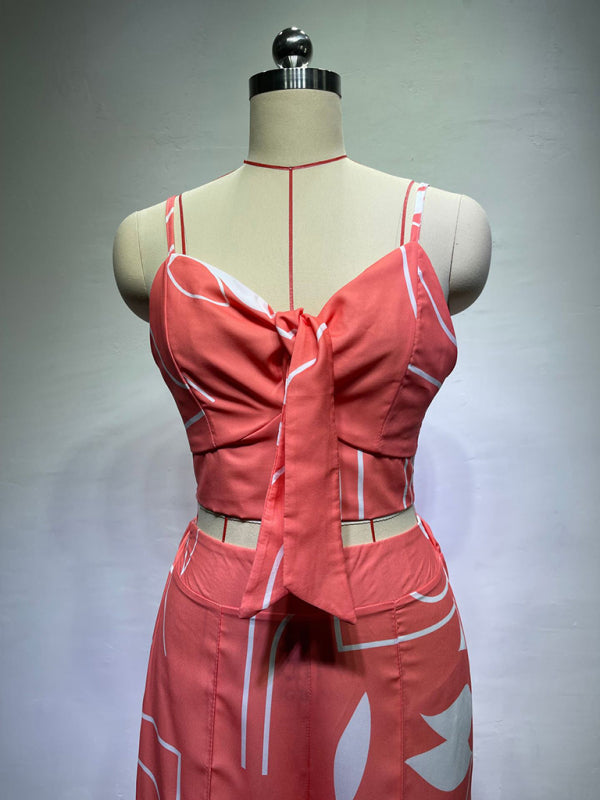 Linen-like casual suit V-neck high-waist printed wide-leg pants two-piece set - Pink / S