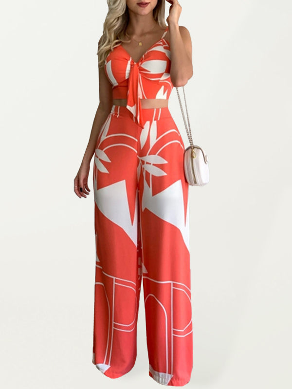Linen-like casual suit V-neck high-waist printed wide-leg pants two-piece set - Orange / S
