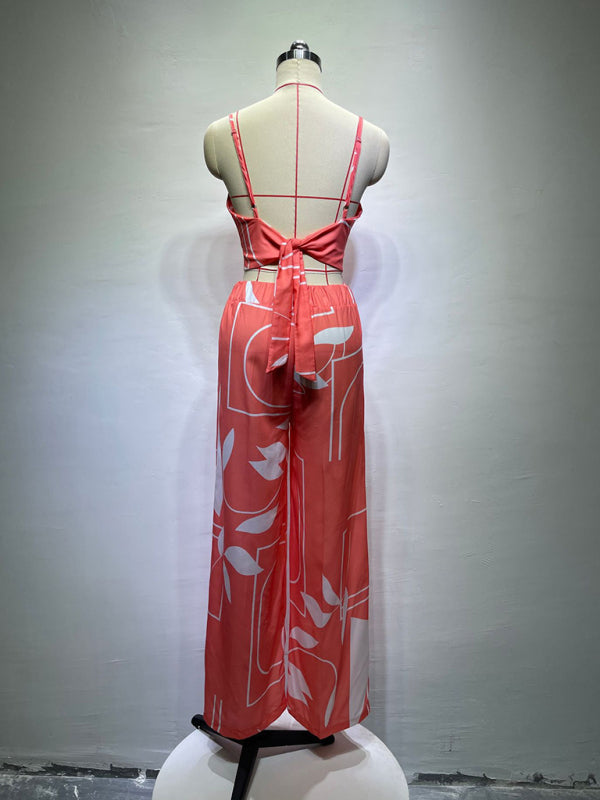 Linen-like casual suit V-neck high-waist printed wide-leg pants two-piece set - Pink / S