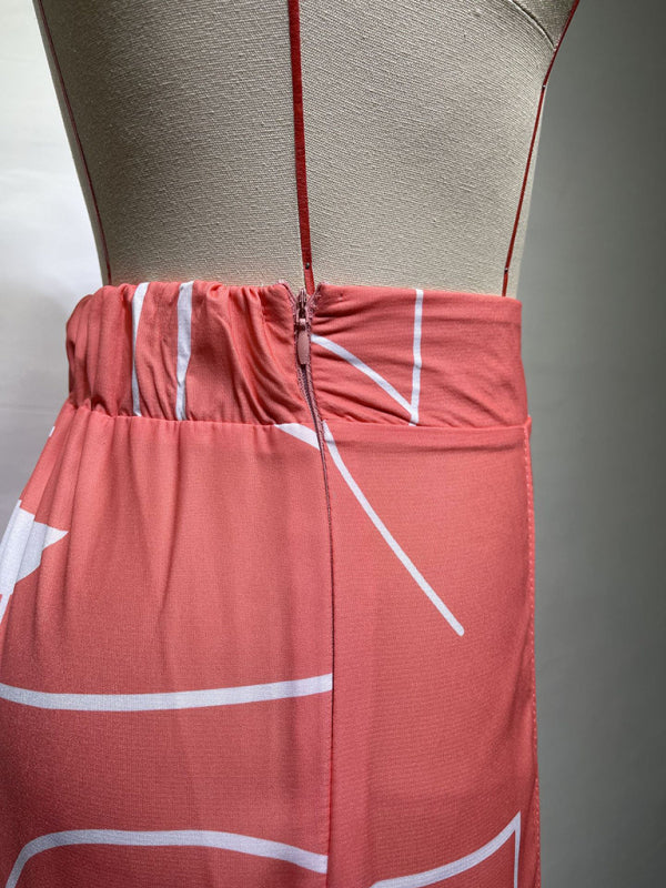 Linen-like casual suit V-neck high-waist printed wide-leg pants two-piece set - Pink / S
