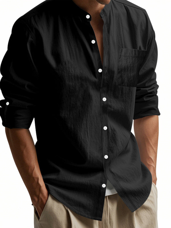 Linen long-sleeved stand-up collar breathable casual men’s shirt - Black / S