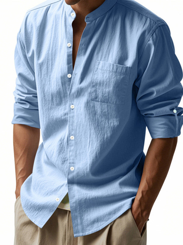 Linen long-sleeved stand-up collar breathable casual men’s shirt - Clear blue / S