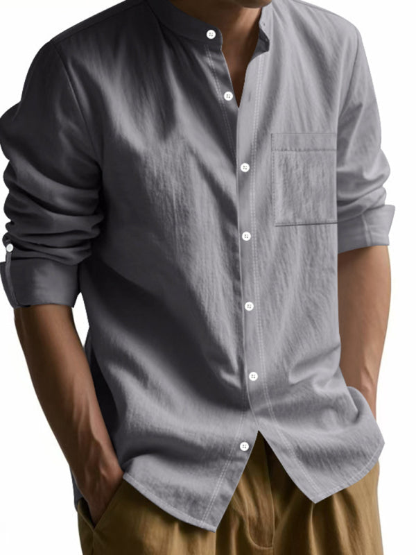 Linen long-sleeved stand-up collar breathable casual men’s shirt - Charcoal grey / S