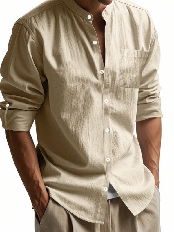 Linen long-sleeved stand-up collar breathable casual men’s shirt - Khaki / S