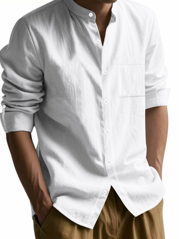Linen long-sleeved stand-up collar breathable casual men’s shirt - White / S