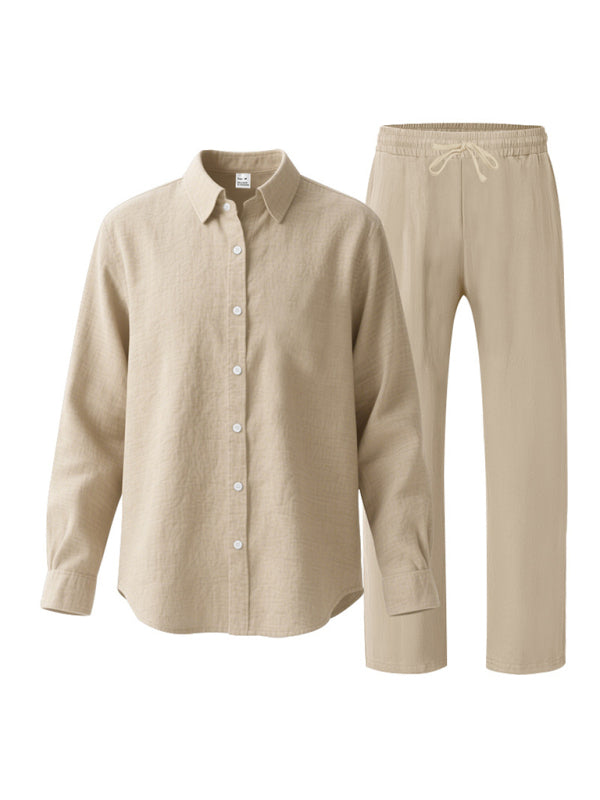 Linen men’s casual loose beach sunscreen long-sleeved shirt and trousers set