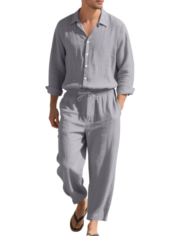 Linen men’s casual loose beach sunscreen long-sleeved shirt and trousers set - Grey / S