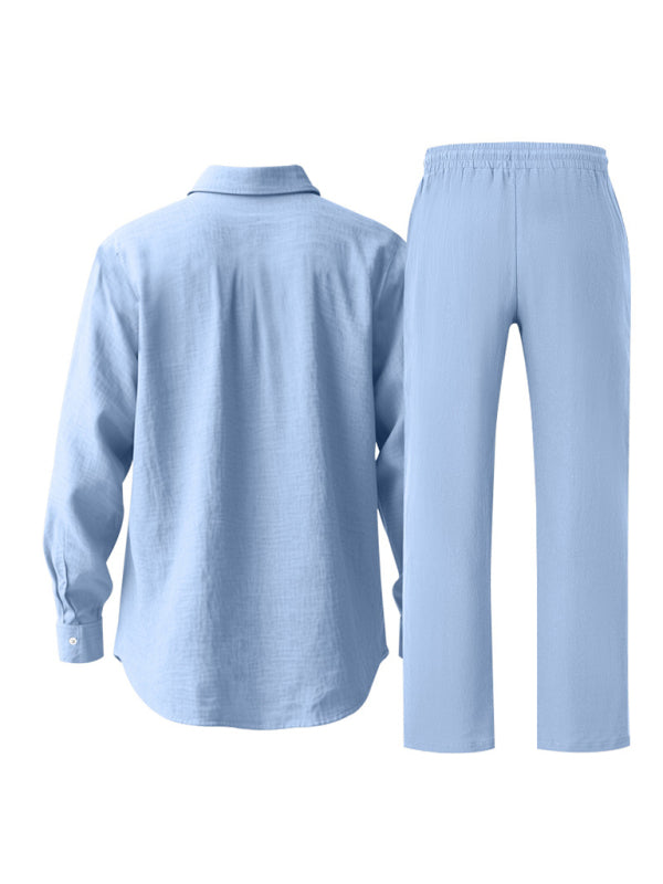 Linen men’s casual loose beach sunscreen long-sleeved shirt and trousers set