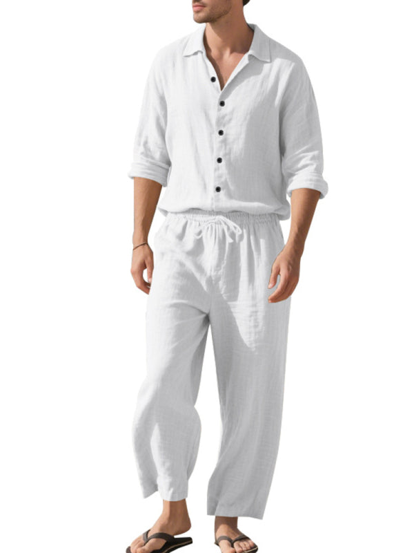 Linen men’s casual loose beach sunscreen long-sleeved shirt and trousers set - White / S