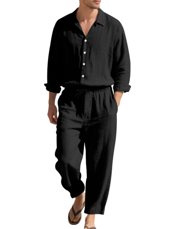 Linen men’s casual loose beach sunscreen long-sleeved shirt and trousers set - Black / S
