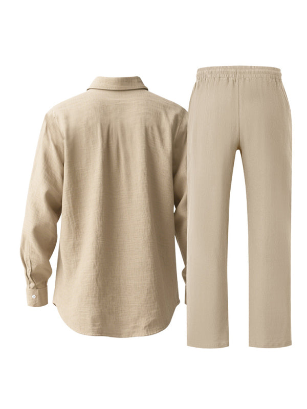 Linen men’s casual loose beach sunscreen long-sleeved shirt and trousers set