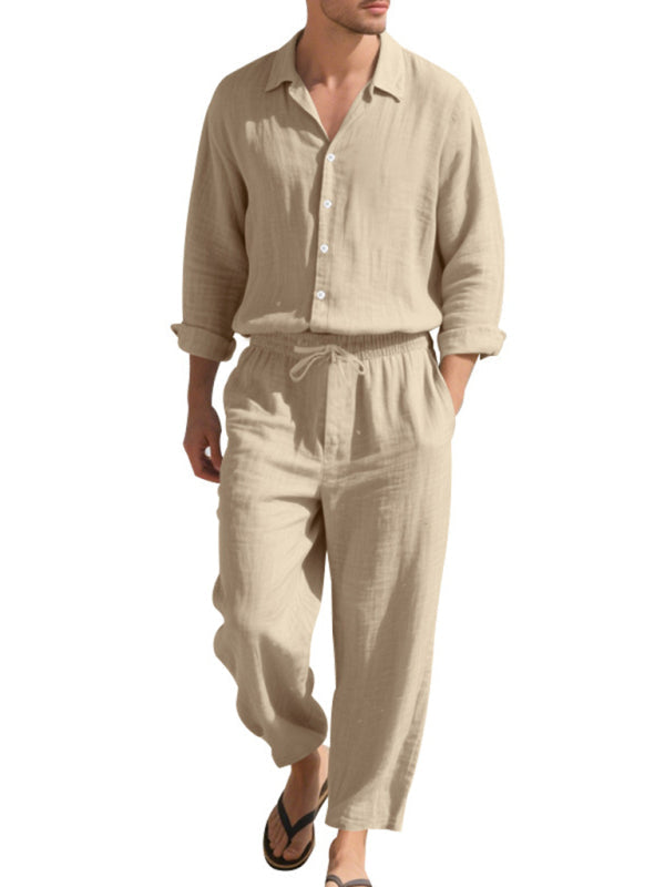 Linen men’s casual loose beach sunscreen long-sleeved shirt and trousers set - Khaki / S