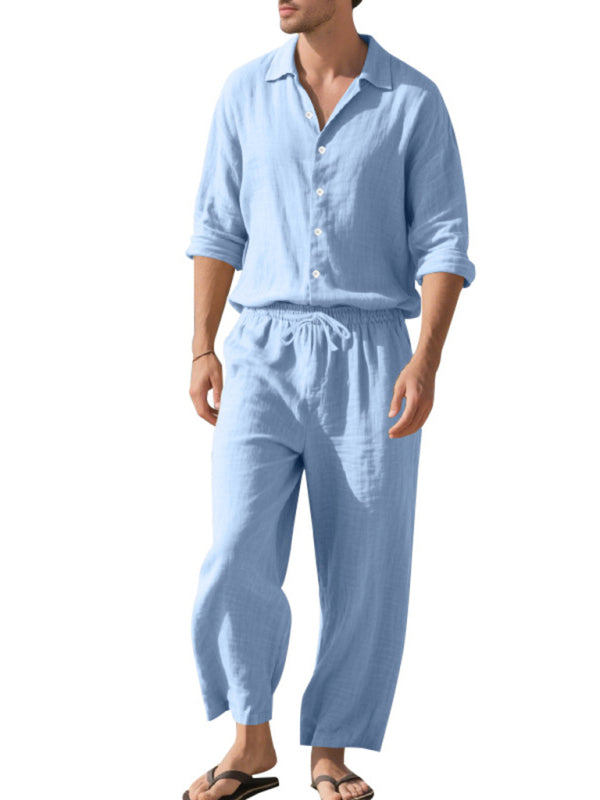Linen men’s casual loose beach sunscreen long-sleeved shirt and trousers set - Clear blue / S