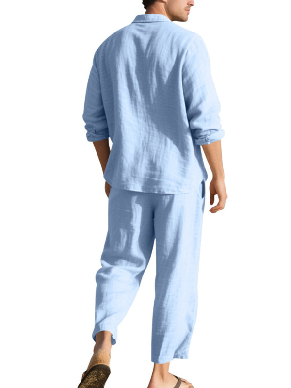 Linen men’s casual loose beach sunscreen long-sleeved shirt and trousers set