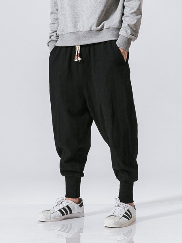 Linen Pants Men’s Hip Hop Breathable Cotton Linen Trousers Solid Color Bloomers Casual Pants - Black / S