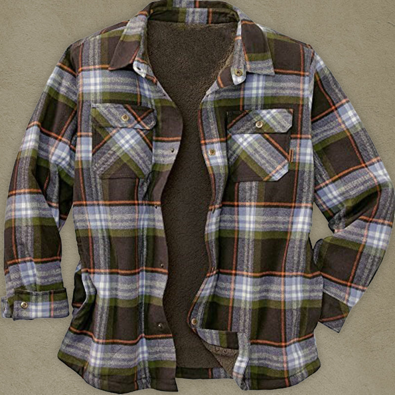 Long Sleeve Lapel Lapel Plaid Fleece Shirt Men’s Jacket - Printing 1 / S