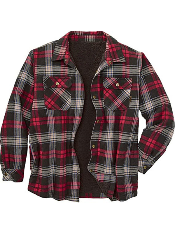 Long Sleeve Lapel Lapel Plaid Fleece Shirt Men’s Jacket - Printing 4 / S