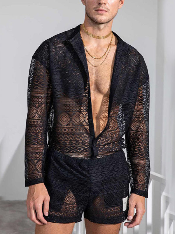 Long Sleeve Shirts Casual Shorts Fashion Men’s Suits Sportswear - Black / S