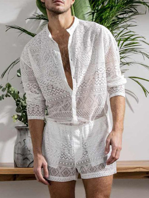 Long Sleeve Shirts Casual Shorts Fashion Men’s Suits Sportswear - White / S