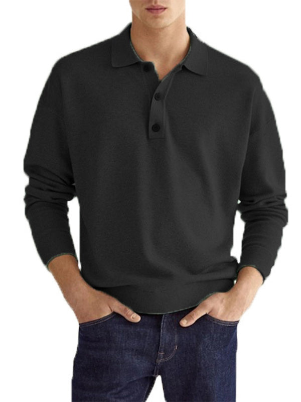 Long Sleeve V Neck Button Men’s Casual Top Polo Shirt - Black / S