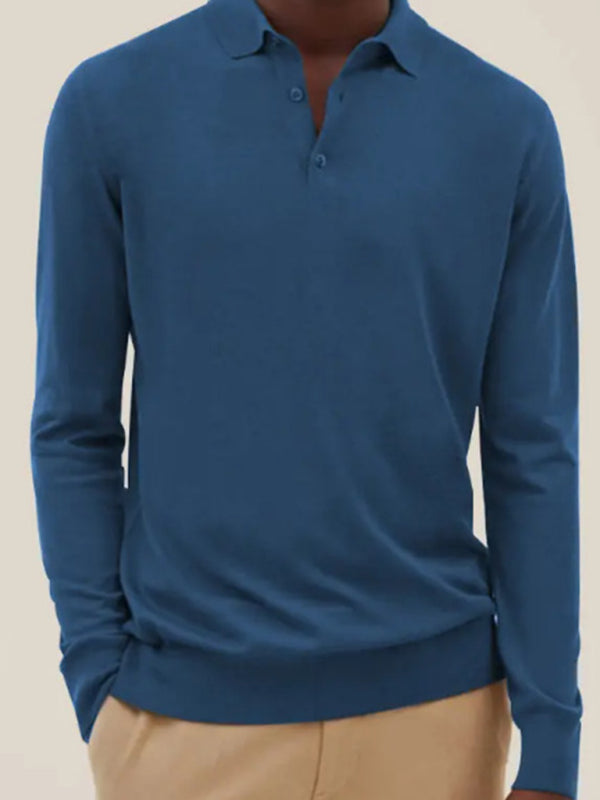 Long Sleeve V Neck Button Men’s Casual Top Polo Shirt - Blue / S