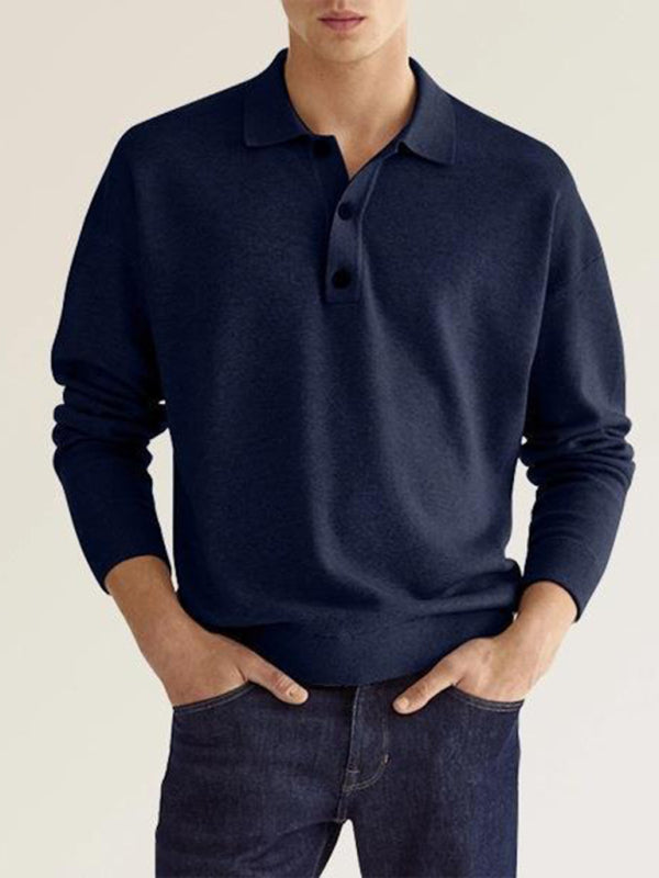 Long Sleeve V Neck Button Men’s Casual Top Polo Shirt - Champlain color / S