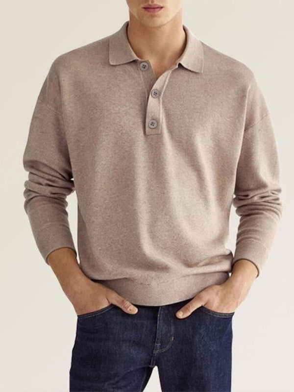 Long Sleeve V Neck Button Men’s Casual Top Polo Shirt - Cracker khaki / S