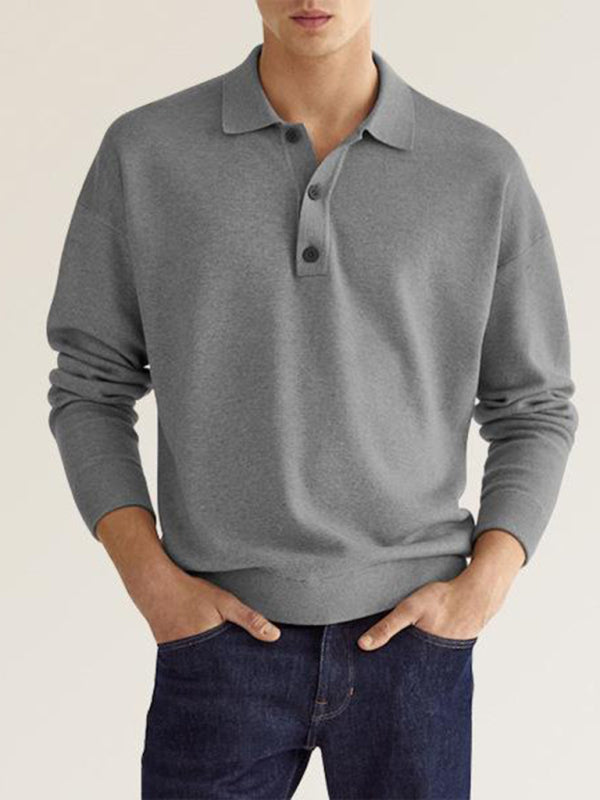 Long Sleeve V Neck Button Men’s Casual Top Polo Shirt - Grey / S