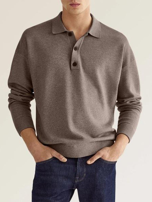 Long Sleeve V Neck Button Men’s Casual Top Polo Shirt - Khaki / S