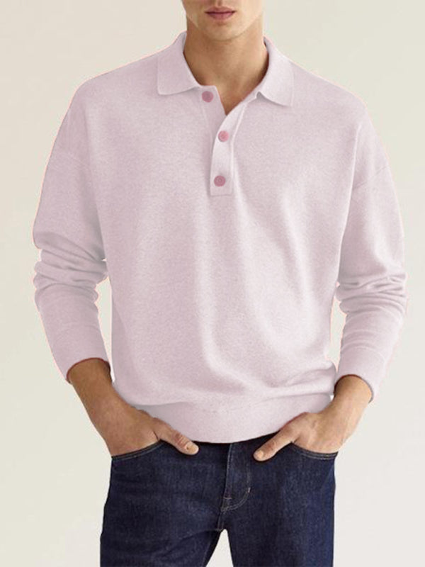 Long Sleeve V Neck Button Men’s Casual Top Polo Shirt - Pink / S